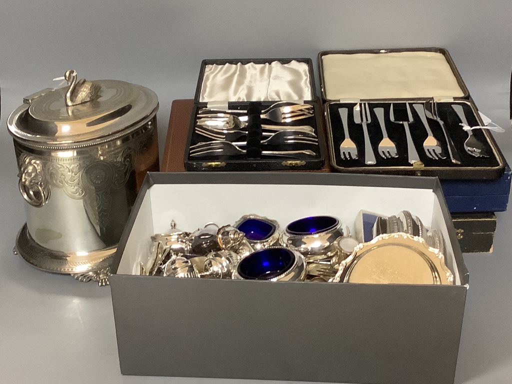 A Mappin Brothers engraved plated oval biscuit barrel with swan finial and a quantity of plated flatware, cased and loose, condiment sets and sundries